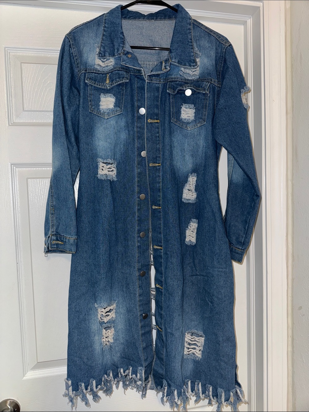 Source Unknown Distressed Long Blue Denim Jacket